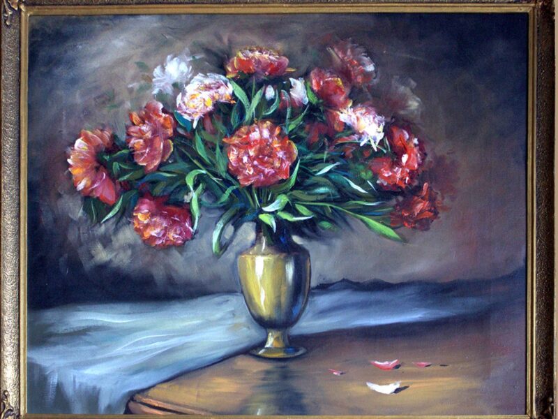 Tablou Vintage Cu Bujori - Ulei Pe Pânză Cu Ramă Originală 61x73 cm